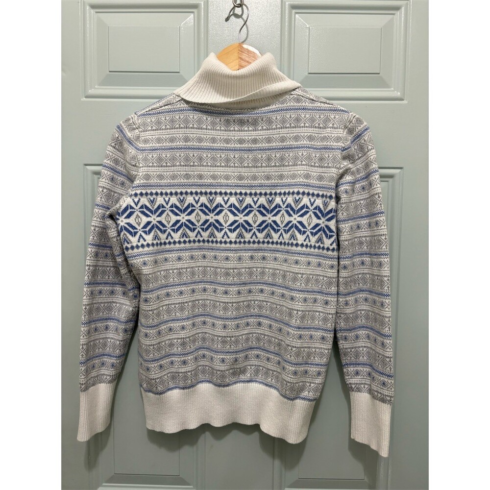 L.L. Bean Sweater Womens Petite M Blue Gray White Fair Isle Turtleneck - Picture 6 of 10